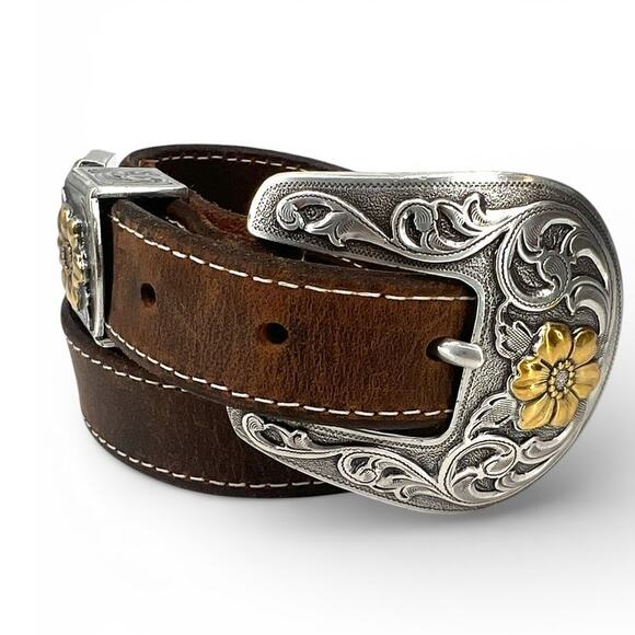 Vintage 90\'s Brown Belt XL Western mixed metal boho cowgirl daisies artisan main image 9